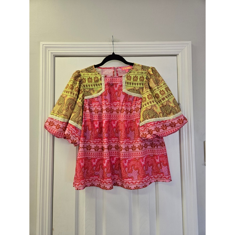 THML Pink Lime Green Mixed Zebra Floral Print Puff Sleeve Blouse S Statement